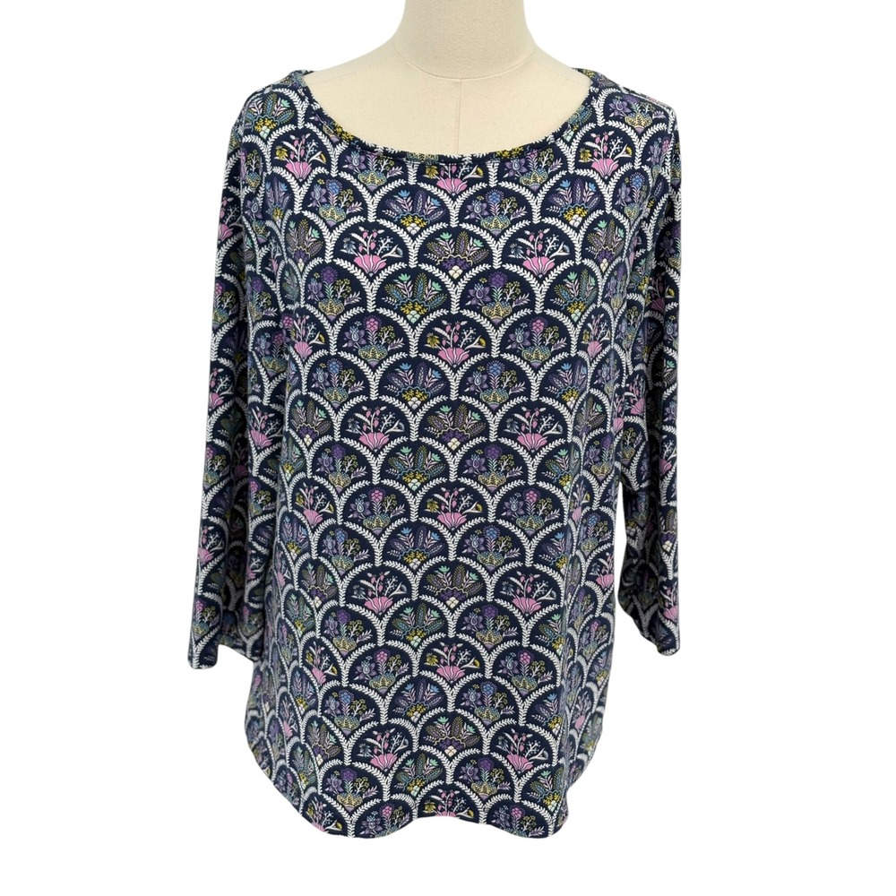 Talbots Tee Top Navy Blue Pink Floral Medallion 3/4 Sleeve XL